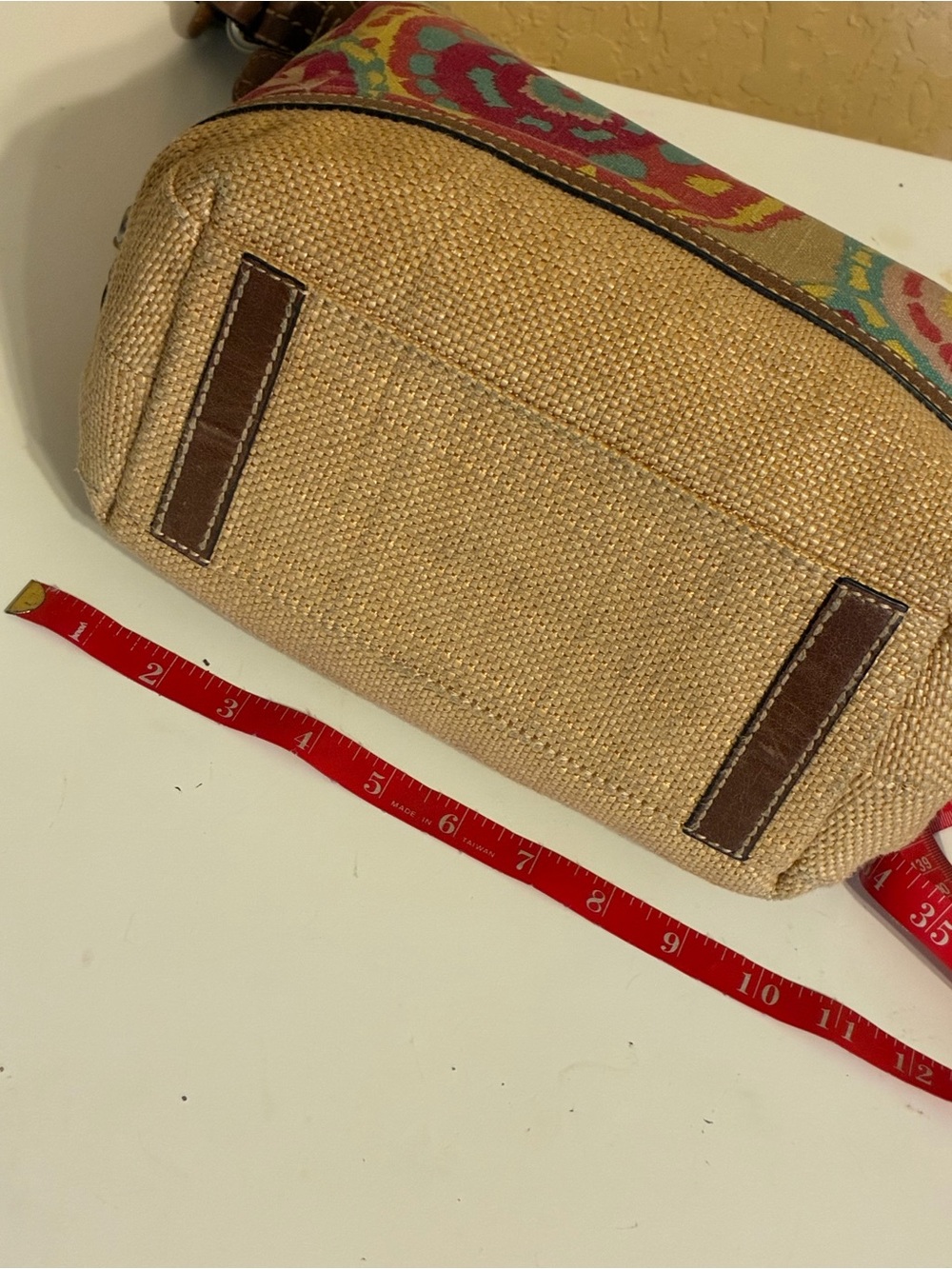 Vintage Fossil Boho Canvas Leather Shoulder Bag Floral Wood Key Charm Purse Y2K - Picture 15 of 16